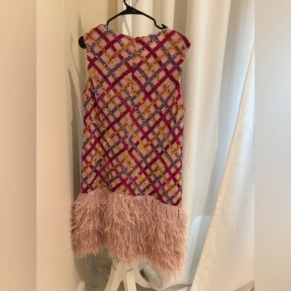 QUEEN OF SPARKLES Pink and Blue Plaid Dress with Feather Hem - Picture 2 of 4